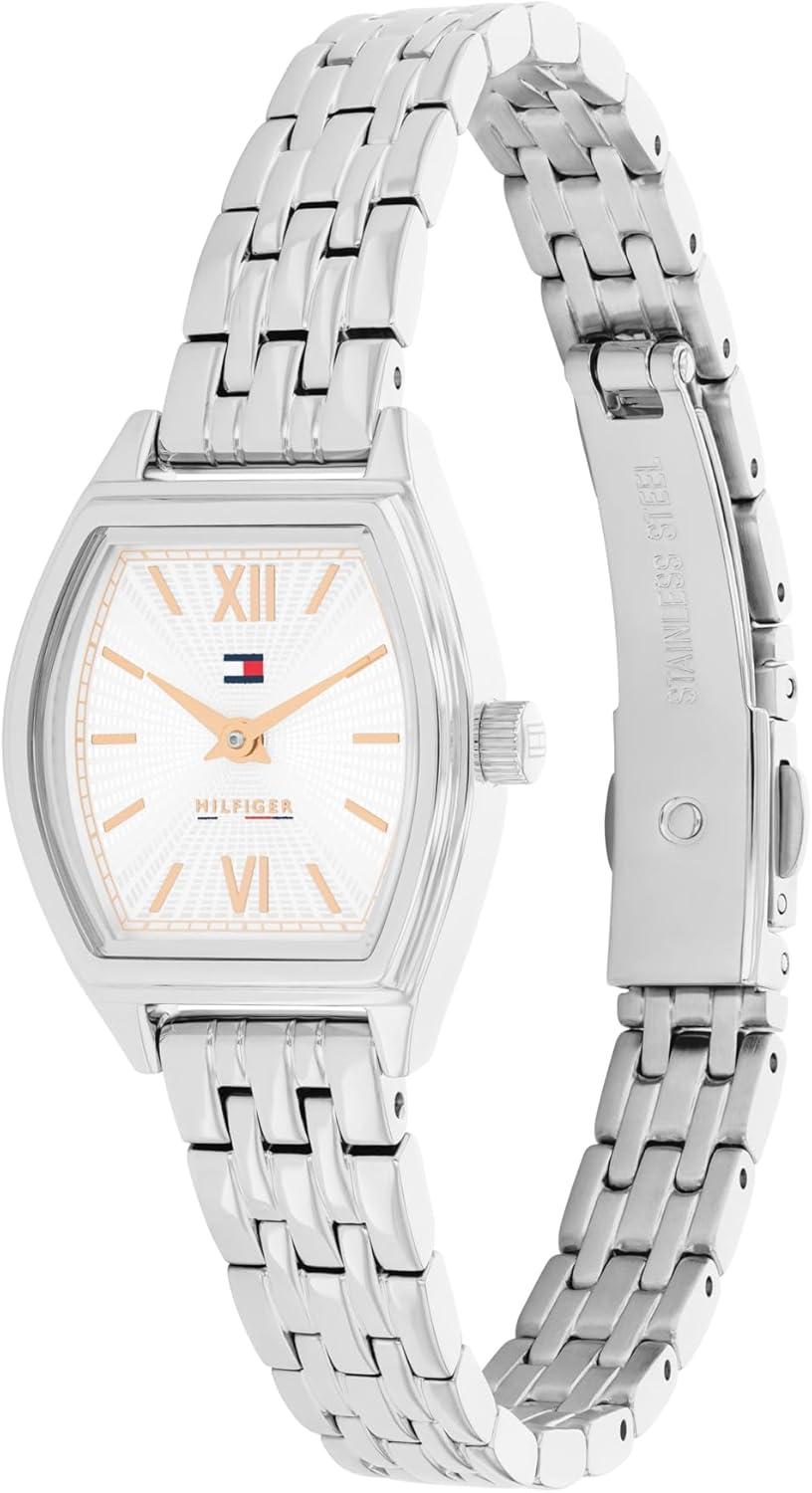 imageTommy Hilfiger Womens Quartz Watch Mini Tonneau Case Sunray Dial Roman Numerals Bracelet Water Resistant up to 30m Sophisticated Versatile Timepiece Gift for Her 215mmSilver