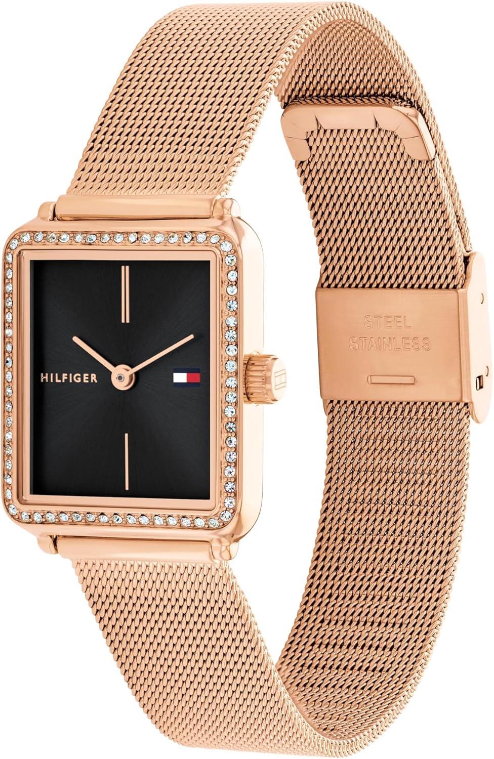imageTommy Hilfiger Womens Quartz Watch Mini Stainless Steel Tank Case with Crystal Bezel Mesh BraceletRose Gold