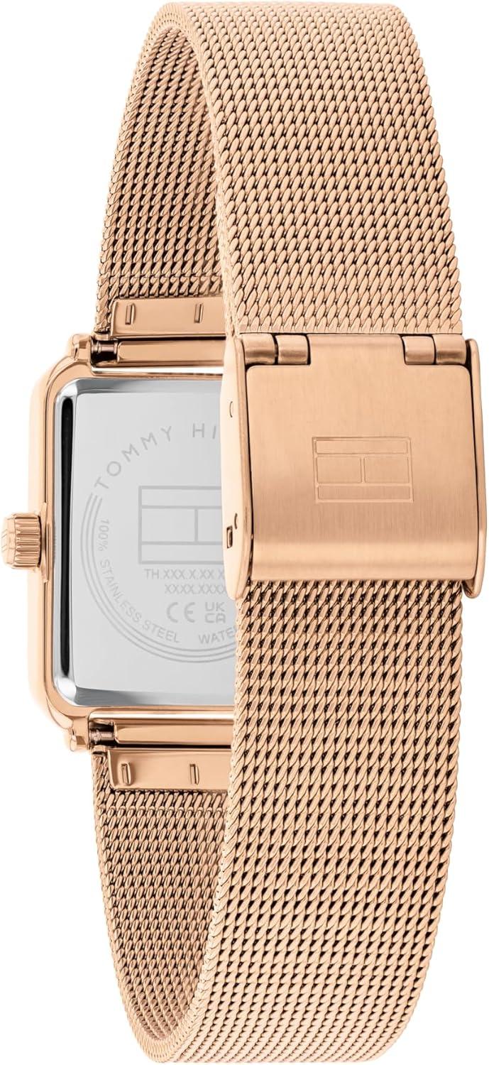 imageTommy Hilfiger Womens Quartz Watch Mini Stainless Steel Tank Case with Crystal Bezel Mesh BraceletRose Gold