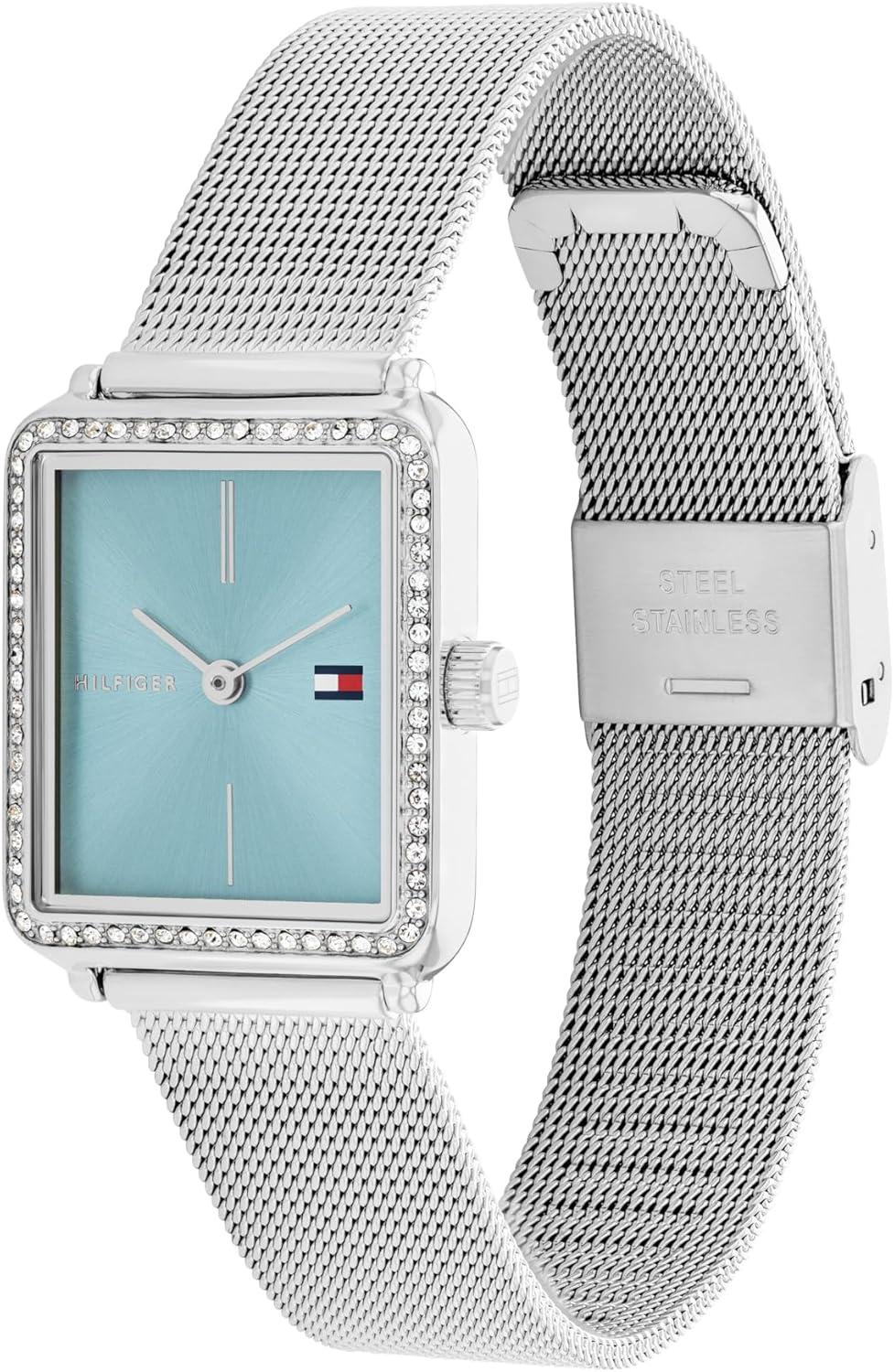imageTommy Hilfiger Womens Quartz Watch Mini Stainless Steel Tank Case with Crystal Bezel Mesh BraceletSilver