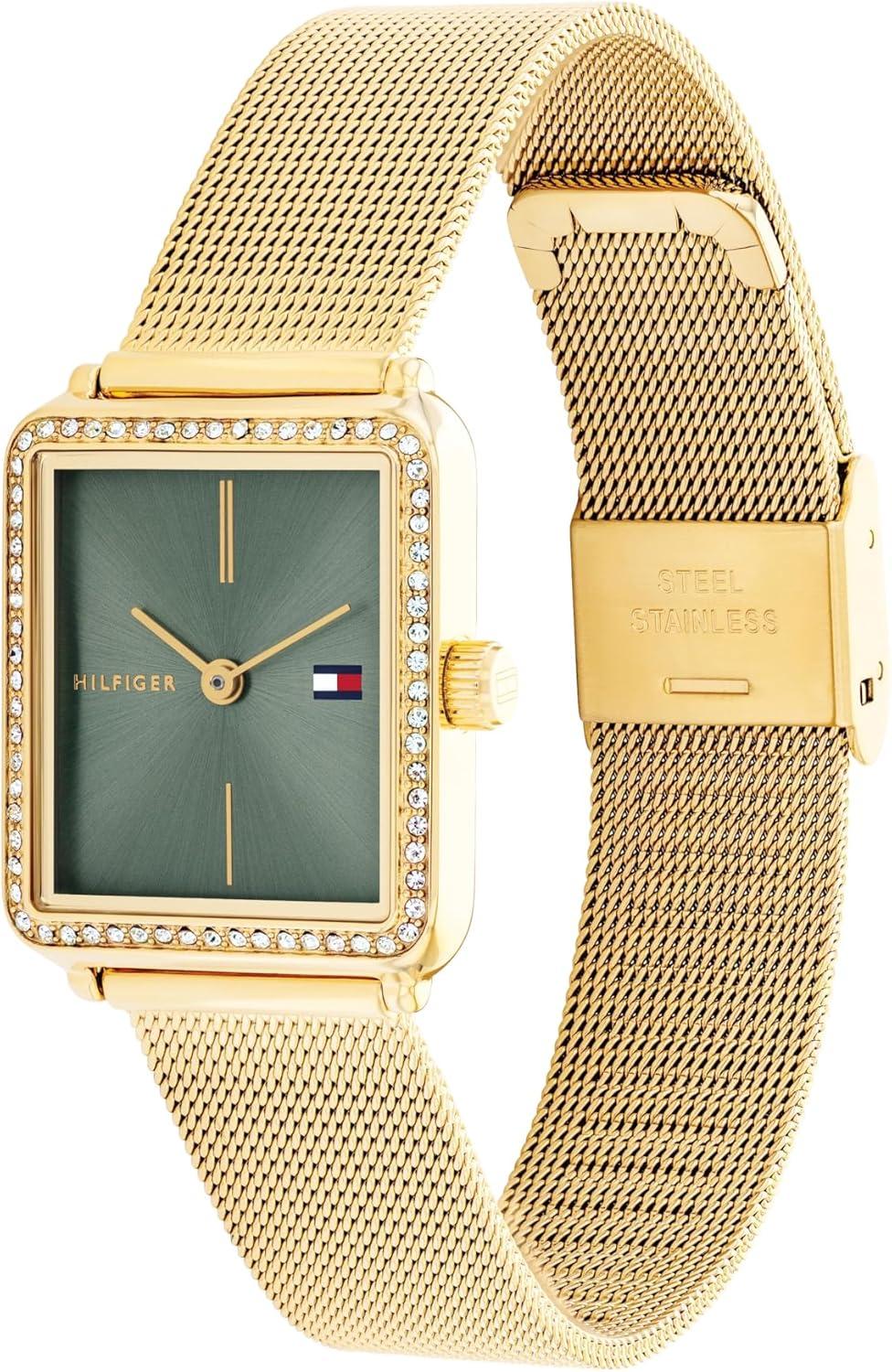 imageTommy Hilfiger Womens Quartz Watch Mini Stainless Steel Tank Case with Crystal Bezel Mesh BraceletThin Gold