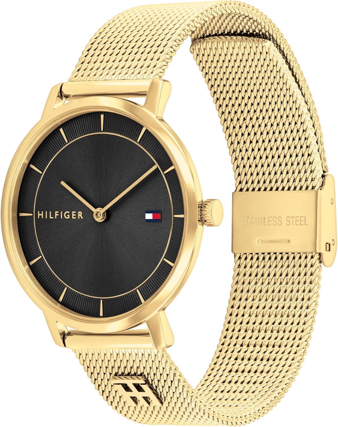 imageTommy Hilfiger Womens Slim Quartz Watch Stainless Steel Mesh Bracelet Water Resistant 3 ATM Elegant Minimal Design Gift for Her 35mmGold Plated