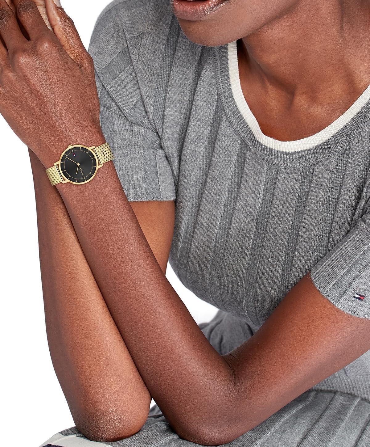 imageTommy Hilfiger Womens Slim Quartz Watch Stainless Steel Mesh Bracelet Water Resistant 3 ATM Elegant Minimal Design Gift for Her 35mmGold Plated