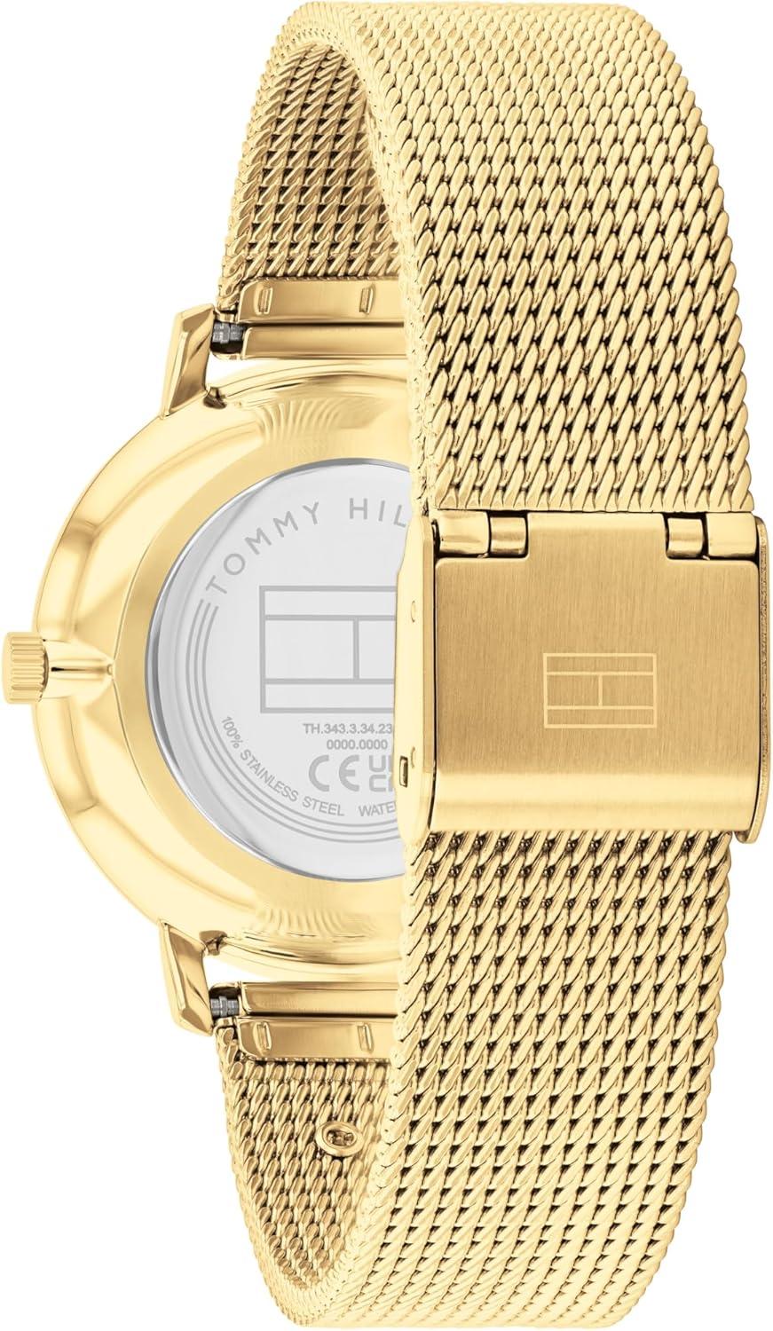 imageTommy Hilfiger Womens Slim Quartz Watch Stainless Steel Mesh Bracelet Water Resistant 3 ATM Elegant Minimal Design Gift for Her 35mmGold Plated