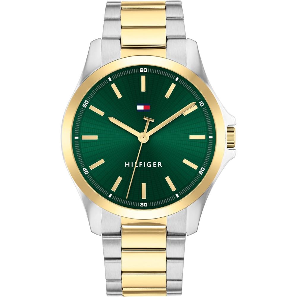 imageTommy Hilfiger Mens 3H Quartz Watch Stainless Steel Bracelet Water Resistant 3 ATM Modern and Stylish Timepiece Gift for Him 42mmTwo Tone Green