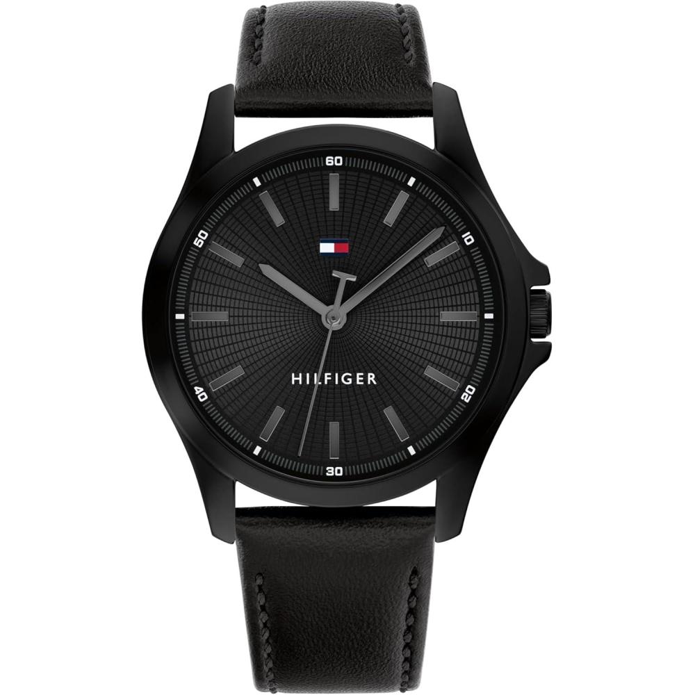 imageTommy Hilfiger Mens 3Hand Quartz Watch 42mm Case Leather Strap 3 ATM Water Resistant Modern Everyday Timepiece Gift for HimBlack
