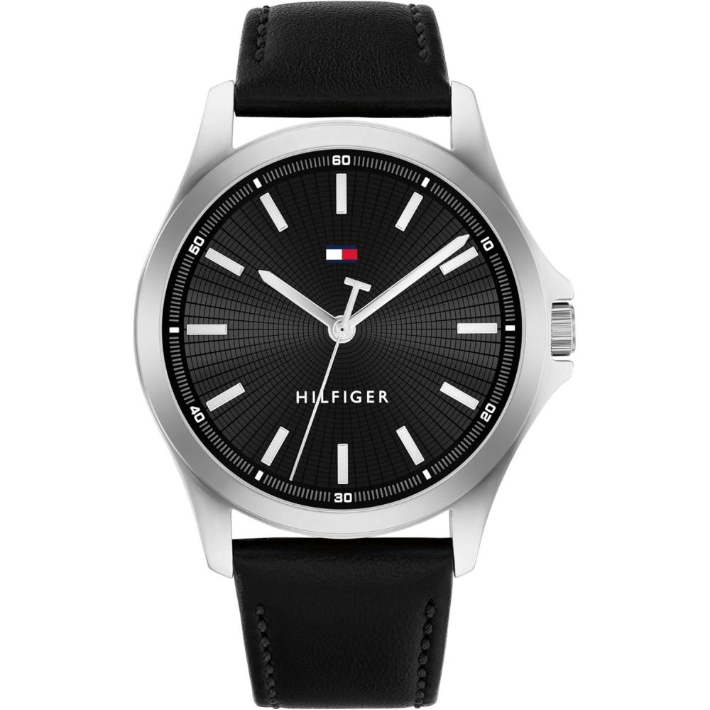 imageTommy Hilfiger Mens 3Hand Quartz Watch 42mm Case Leather Strap 3 ATM Water Resistant Modern Everyday Timepiece Gift for HimBlackSilver