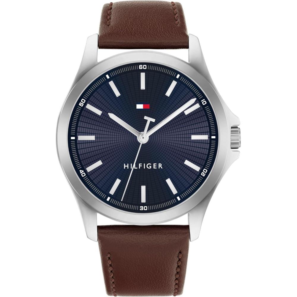 imageTommy Hilfiger Mens 3Hand Quartz Watch 42mm Case Leather Strap 3 ATM Water Resistant Modern Everyday Timepiece Gift for HimBrown Blue