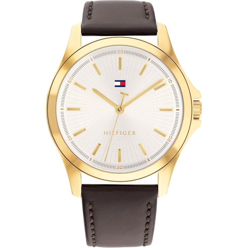 imageTommy Hilfiger Mens 3Hand Quartz Watch 42mm Case Leather Strap 3 ATM Water Resistant Modern Everyday Timepiece Gift for HimBrown White