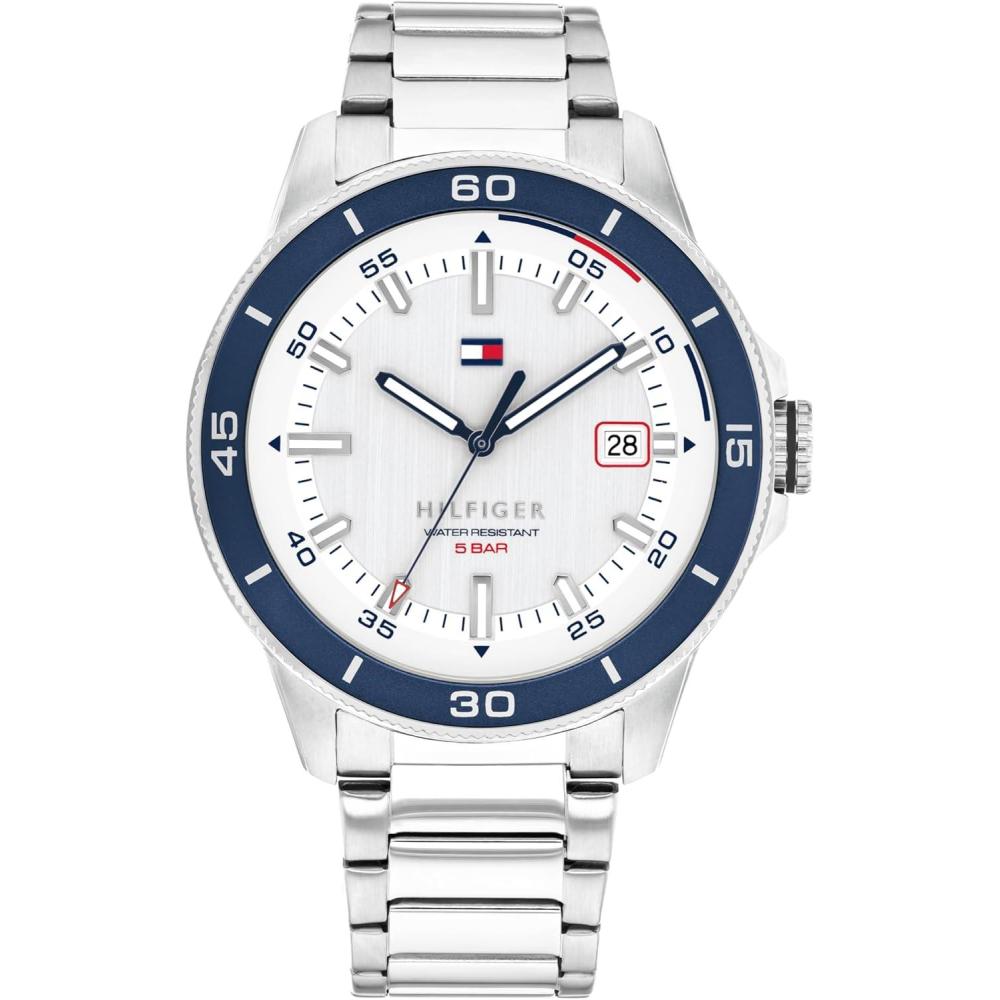 imageTommy Hilfiger Mens 3Hand Quartz Watch  Round Case  Sporty Iconic Style  Gift for Him 43mmSilverCream