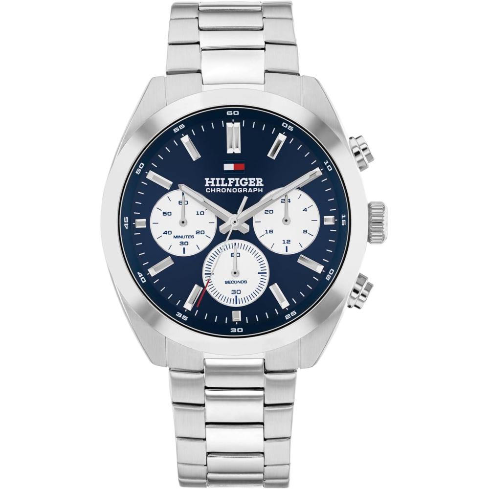 imageTommy Hilfiger Mens Chronograph Quartz Watch 40mm Stainless Steel Case Leather Strap VintageInspired Design Gift for HimSilver