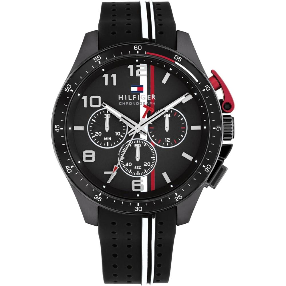 imageTommy Hilfiger Mens Chronograph Watch  RacingInspired Sporty Design  Silicone Strap  5 ATM Water Resistance  Bold and Stylish Timepiece  Gift for Him  46mmBlack