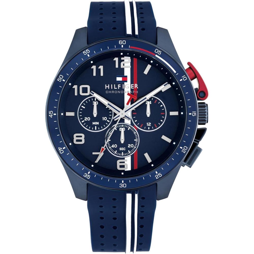 imageTommy Hilfiger Mens Chronograph Watch  RacingInspired Sporty Design  Silicone Strap  5 ATM Water Resistance  Bold and Stylish Timepiece  Gift for Him  46mmBlue