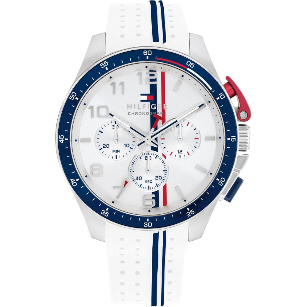 imageTommy Hilfiger Mens Chronograph Watch  RacingInspired Sporty Design  Silicone Strap  5 ATM Water Resistance  Bold and Stylish Timepiece  Gift for Him  46mmWhite