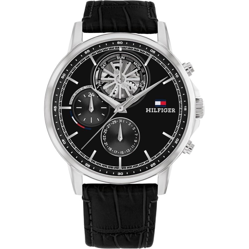 imageTommy Hilfiger Mens Dress Watch Multifunction Leather Wristwatch Water Resistant up to 5 ATM50 Meters Premium Fashion Timepiece for All Occasions 44mmBlack