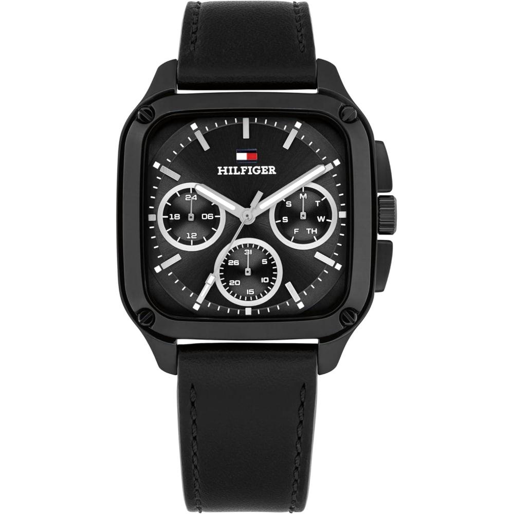 imageTommy Hilfiger Mens Multifunction Quartz Watch  37x39mm Tank Case Calfskin Strap SportInspired Design  Gift for HimBlack