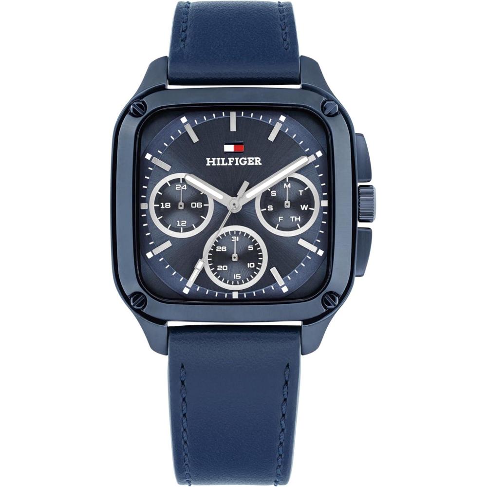 imageTommy Hilfiger Mens Multifunction Quartz Watch 37x39mm Tank Case Calfskin Strap SportInspired Design Gift for HimBlue