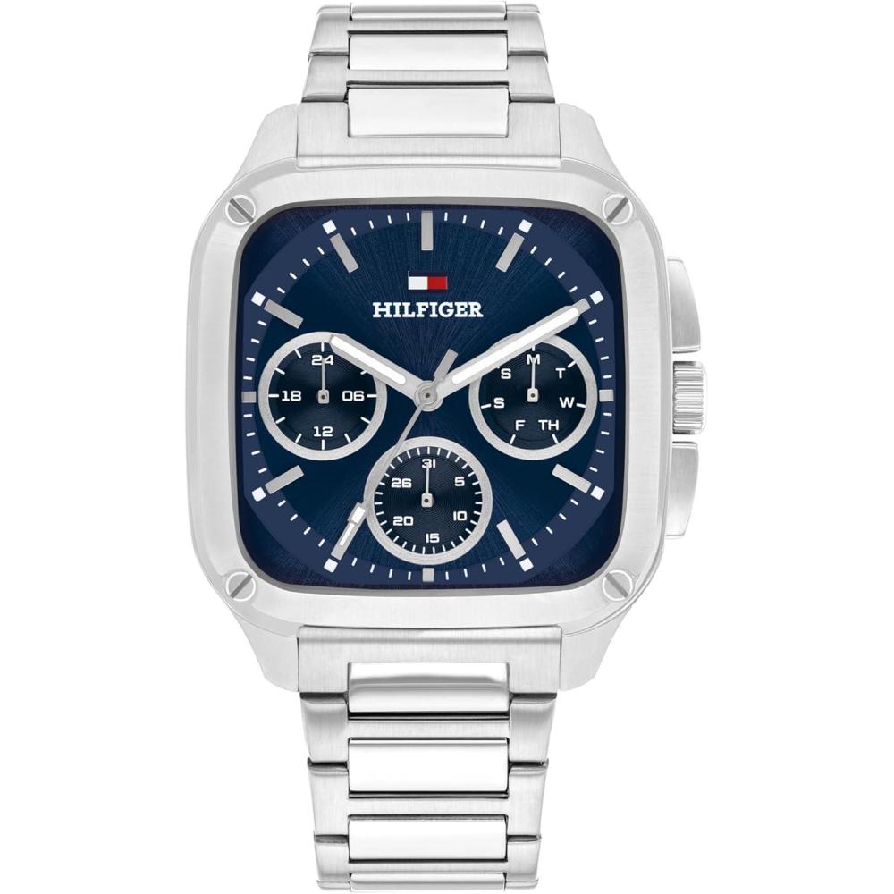 imageTommy Hilfiger Mens Multifunction Quartz Watch 37x39mm Tank Case Calfskin Strap SportInspired Design Gift for HimSilver