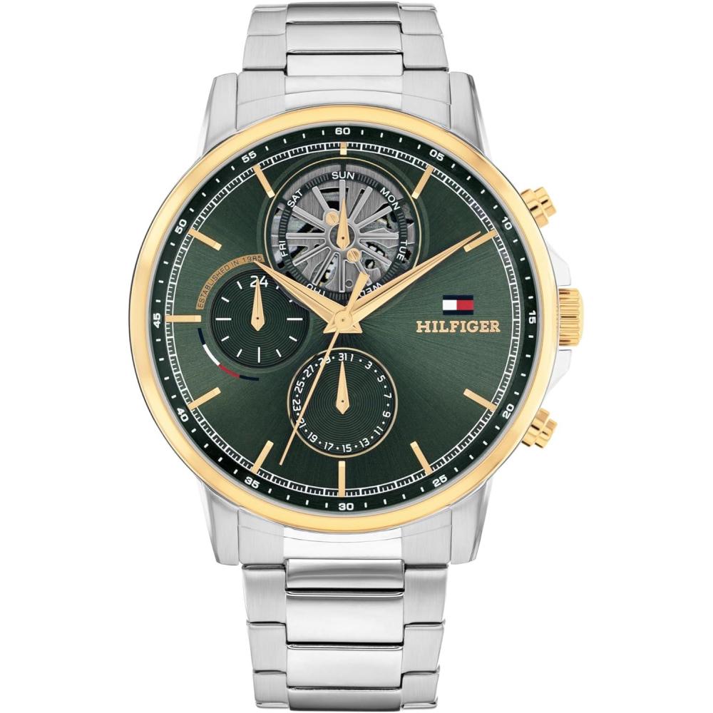 imageTommy Hilfiger Mens Multifunction Quartz Watch  44mm Stainless Steel Case DoubleLayer Dial Link Bracelet SkeletonInspired Design  Gift for HimGreen