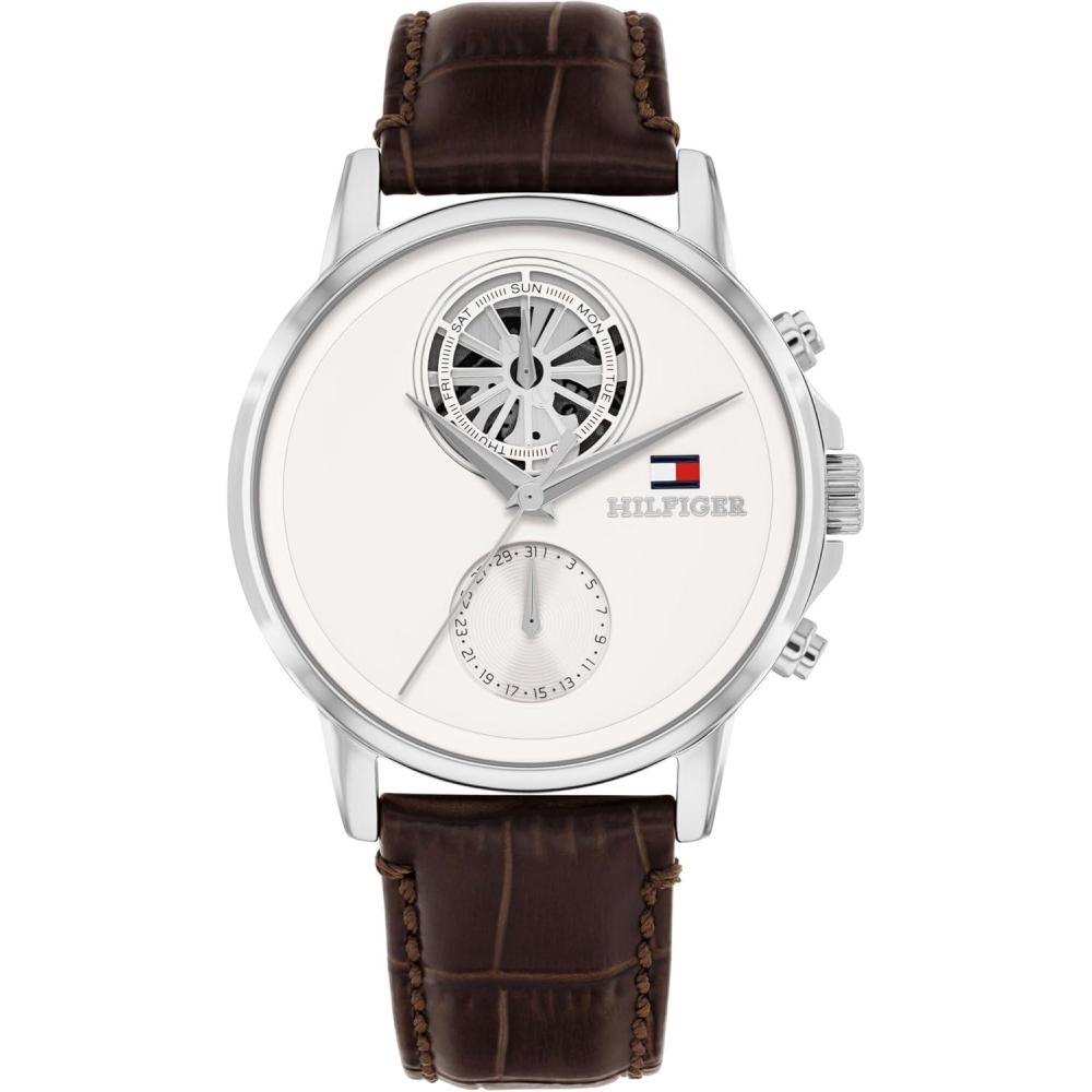 imageTommy Hilfiger Mens Multifunction Watch Genuine Leather Strap and Skeleton SubEye Dial Water Resistant up to 50m Modern Contemporary Timepiece Gift for Him 40mmBrown