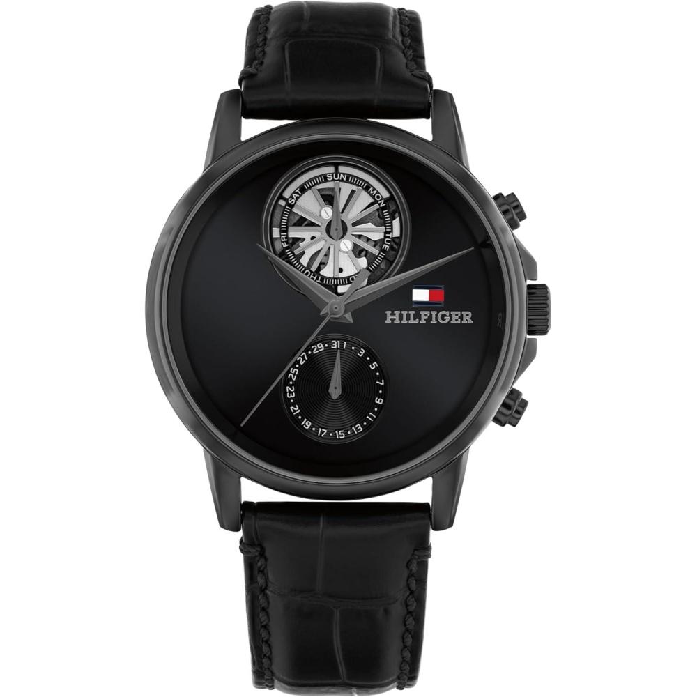 imageTommy Hilfiger Mens Multifunction Watch Genuine Leather Strap and Skeleton SubEye Dial Water Resistant up to 50m Modern Contemporary Timepiece Gift for Him 40mmBlack