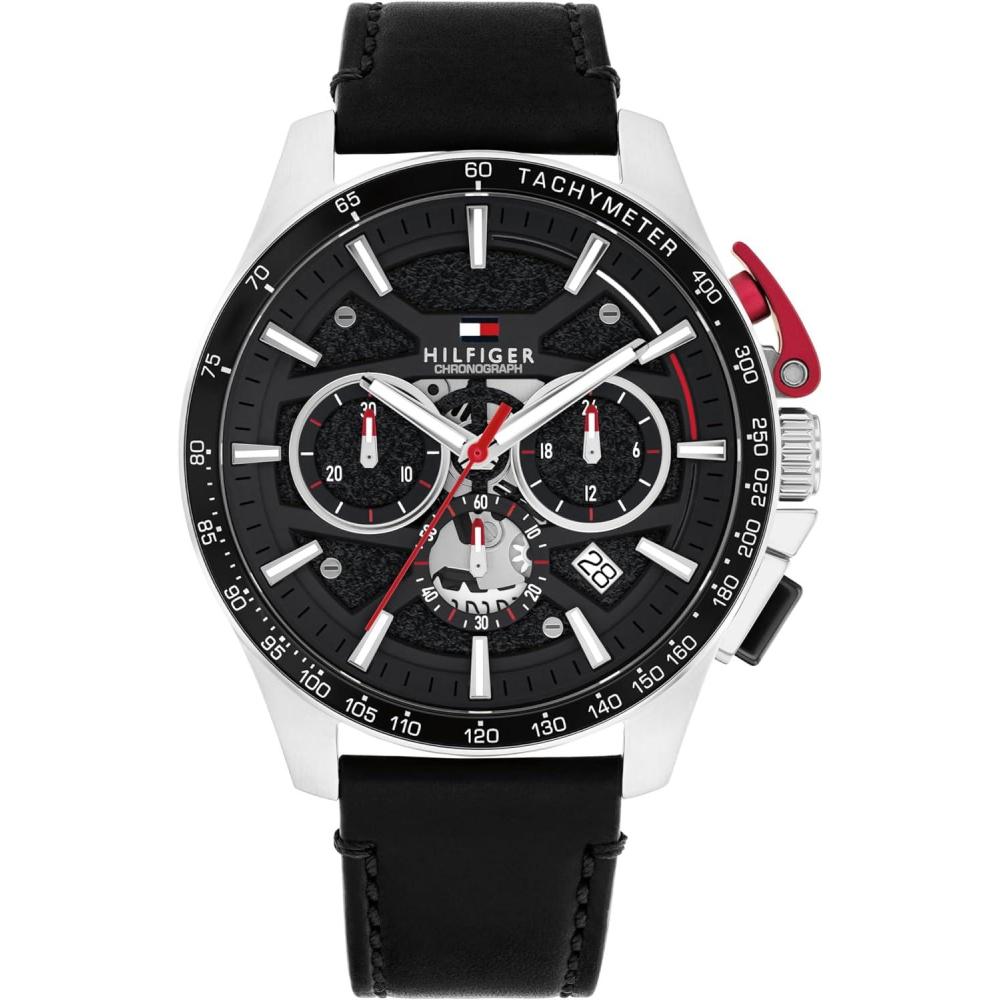 imageTommy Hilfiger Mens Quartz Chronograph Watch Bold Sporty Skeleton Dial on Leather Strap Water Resistant up to 50m Performance Stylish Timepiece Gift for Him 44mmBlack