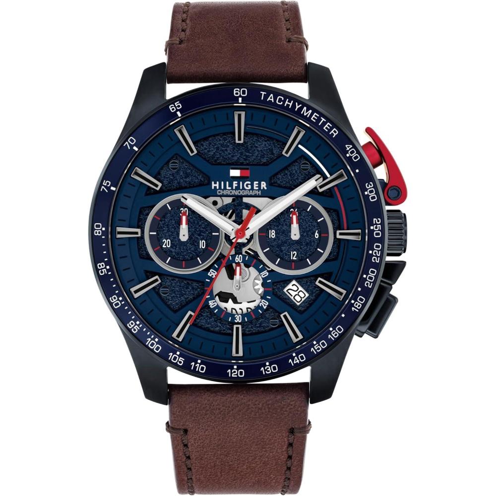 imageTommy Hilfiger Mens Quartz Chronograph Watch Bold Sporty Skeleton Dial on Leather Strap Water Resistant up to 50m Performance Stylish Timepiece Gift for Him 44mmBrown