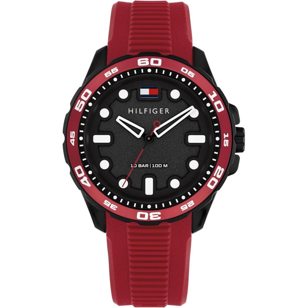 imageTommy Hilfiger Mens Quartz Regatta Watch Silicone Strap Rotating Sport Bezel Water Resistant up to 100m Contemporary Bold Timepiece Gift for Him 42mmRed