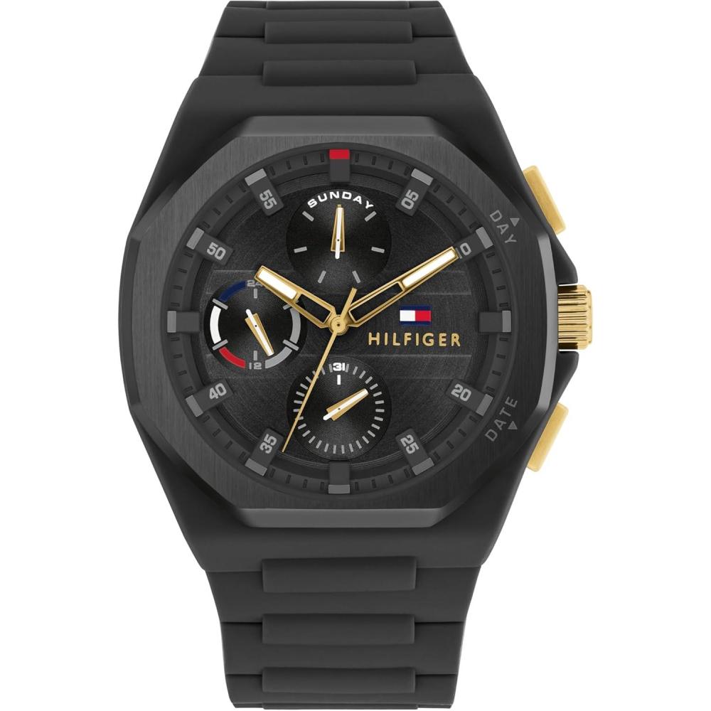 imageTommy Hilfiger Mens Sporty Watch  Multifunction Silicone Wristwatch  Water Resistant up to 5 ATM50 Meters  Premium Fashion Timepiece for All Occasions  44 mmBlack
