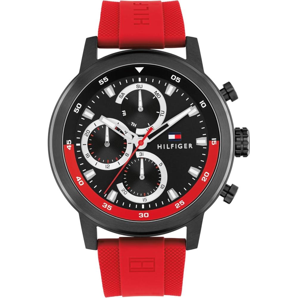 imageTommy Hilfiger Mens Sporty Watch  Quartz Multifunction Stainless Steel Case Sunray Dial with Stick Indexes and CDTextured SubEyes and Oversized Crown  Gift for HimRed