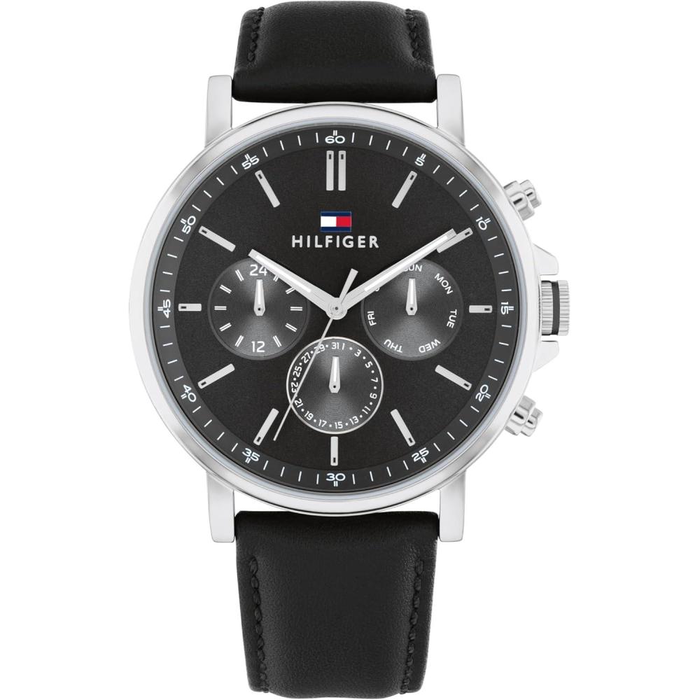 imageTommy Hilfiger Mens Watch 44 mm Quartz Multifunction Stainless Steel Case CDTextured Sunray Dial with DiamondCut SubDials Leather Strap Classic Dress Watch for Men