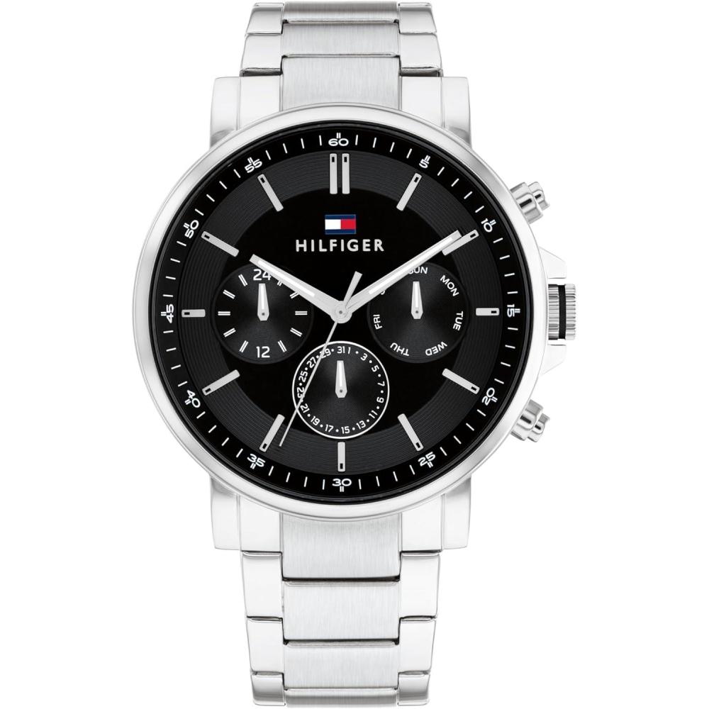 imageTommy Hilfiger Mens Watch 44 mm Quartz Multifunction Stainless Steel Case and Link Bracelet CDTextured Matte Sunray Dial DiamondCut SubDials Classic Everyday Dress Watch