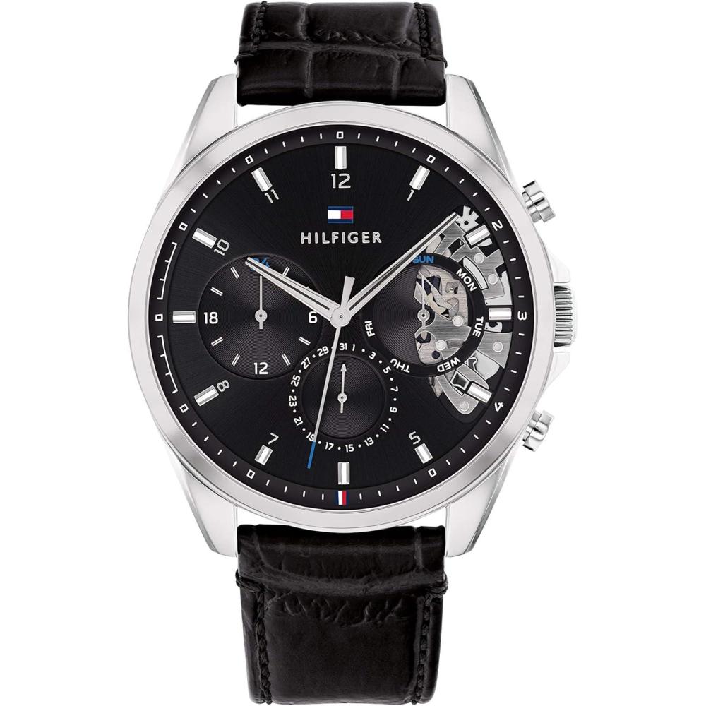 imageTommy Hilfiger Mens Watch Quartz Multifunction 44 mm Stainless Steel Case Skeleton Dial Leather Strap Dress Watch for Men