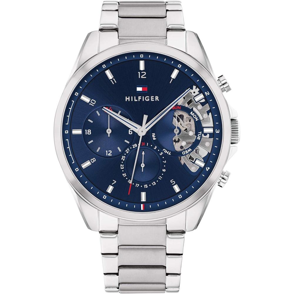 imageTommy Hilfiger Mens Watch Quartz Multifunction 44 mm Stainless Steel Case Skeleton Dial Link Bracelet Dress Watch for Men