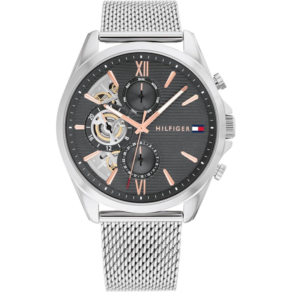 imageTommy Hilfiger Mens Watch  Quartz Multifunction 44 mm Stainless Steel Case Skeleton Dial Mesh Bracelet  Dress Watch for Men