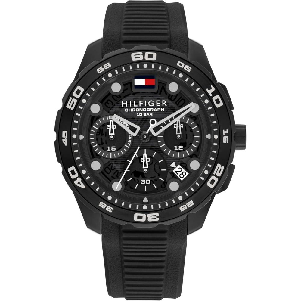 imageTommy Hilfiger THRegatta Mens Chronograph Quartz Watch  44mm Stainless Steel Case Rotating Bezel Silicone Strap Nautical Inspired Sport Style Gift for HimBlack