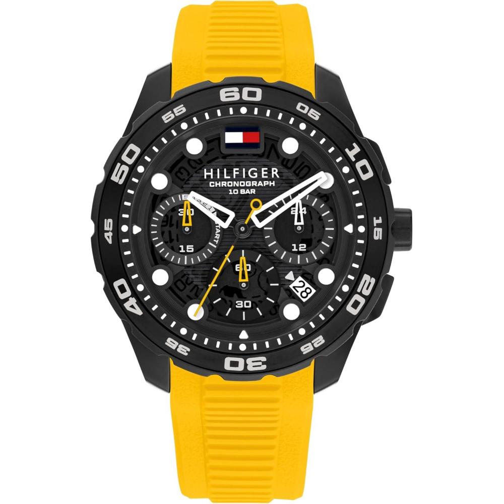 imageTommy Hilfiger THRegatta Mens Chronograph Quartz Watch  44mm Stainless Steel Case Rotating Bezel Silicone Strap Nautical Inspired Sport Style Gift for HimYellow