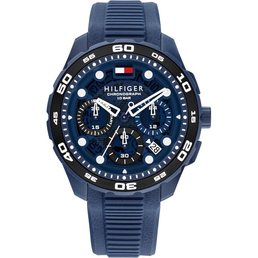 imageTommy Hilfiger THRegatta Mens Chronograph Quartz Watch  44mm Stainless Steel Case Rotating Bezel Silicone Strap Nautical Inspired Sport Style Gift for HimBlue