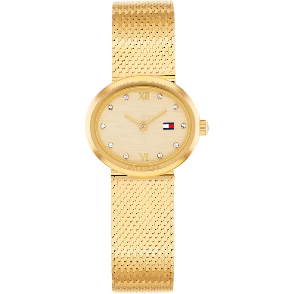 imageTommy Hilfiger Womens 2Hand Quartz Watch OvalShaped Case Crystal Markers Link Bracelet Dress Casual Look Gift for Her 25mmGold Plated