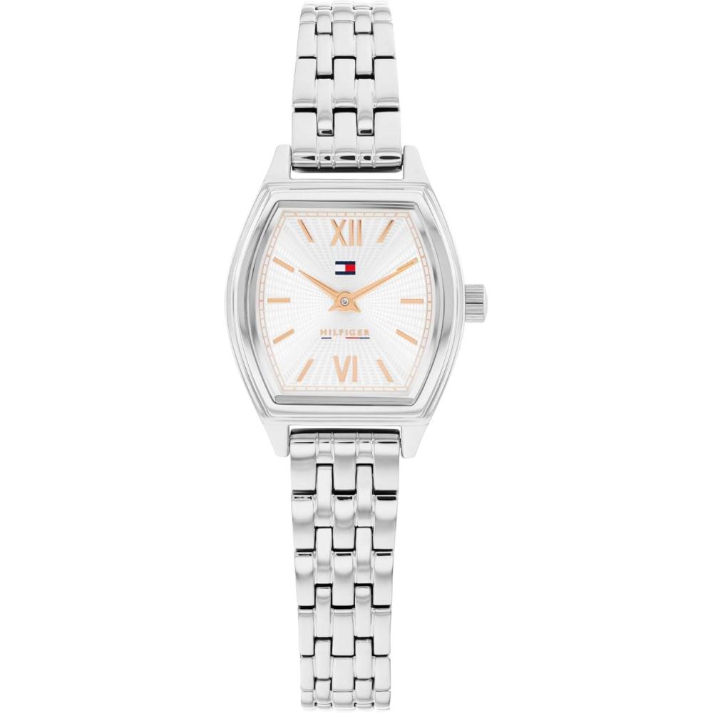 imageTommy Hilfiger Womens Quartz Watch Mini Tonneau Case Sunray Dial Roman Numerals Bracelet Water Resistant up to 30m Sophisticated Versatile Timepiece Gift for Her 215mmSilver