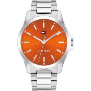 Tommy Hilfiger Men’s 3H Quartz Watch, Stainless Steel Bracelet, Water Resistant 3 ATM, Modern and Stylish Timepiece, Gift for Him, 42mm(Silver-Orange)