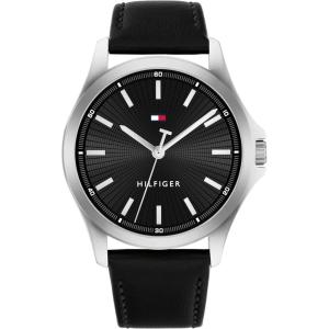 Tommy Hilfiger Men’s 3-Hand Quartz Watch – 42mm Case, Leather Strap, 3 ATM Water Resistant, Modern Everyday Timepiece, Gift for Him(Black-Silver)