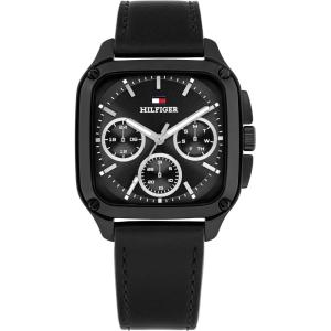 Tommy Hilfiger Men’s Multifunction Quartz Watch – 37x39mm Tank Case, Calfskin Strap, Sport-Inspired Design – Gift for Him(Black)