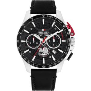Tommy Hilfiger Men’s Quartz Chronograph Watch – Bold Sporty Skeleton Dial on Leather Strap – Water Resistant up to 50m – Performance, Stylish Timepiece – Gift for Him 44mm(Black)