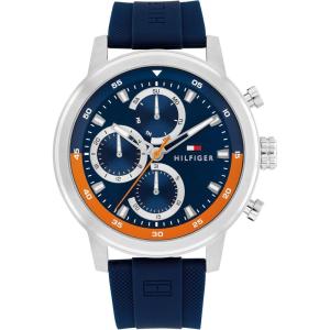 Tommy Hilfiger Men’s Sporty Watch – Quartz Multifunction, Stainless Steel Case, Sunray Dial with Stick Indexes and CD-Textured Sub-Eyes, and Oversized Crown – Gift for Him(Blue)