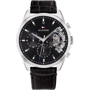 Tommy Hilfiger Men’s Watch – Quartz Multifunction, 44 mm Stainless Steel Case, Skeleton Dial, Leather Strap – Dress Watch for Men