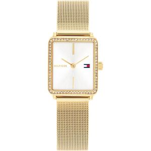 Tommy Hilfiger Women’s Quartz Watch, Mini Stainless Steel Tank Case with Crystal Bezel, Mesh Bracelet(Gold Plated)