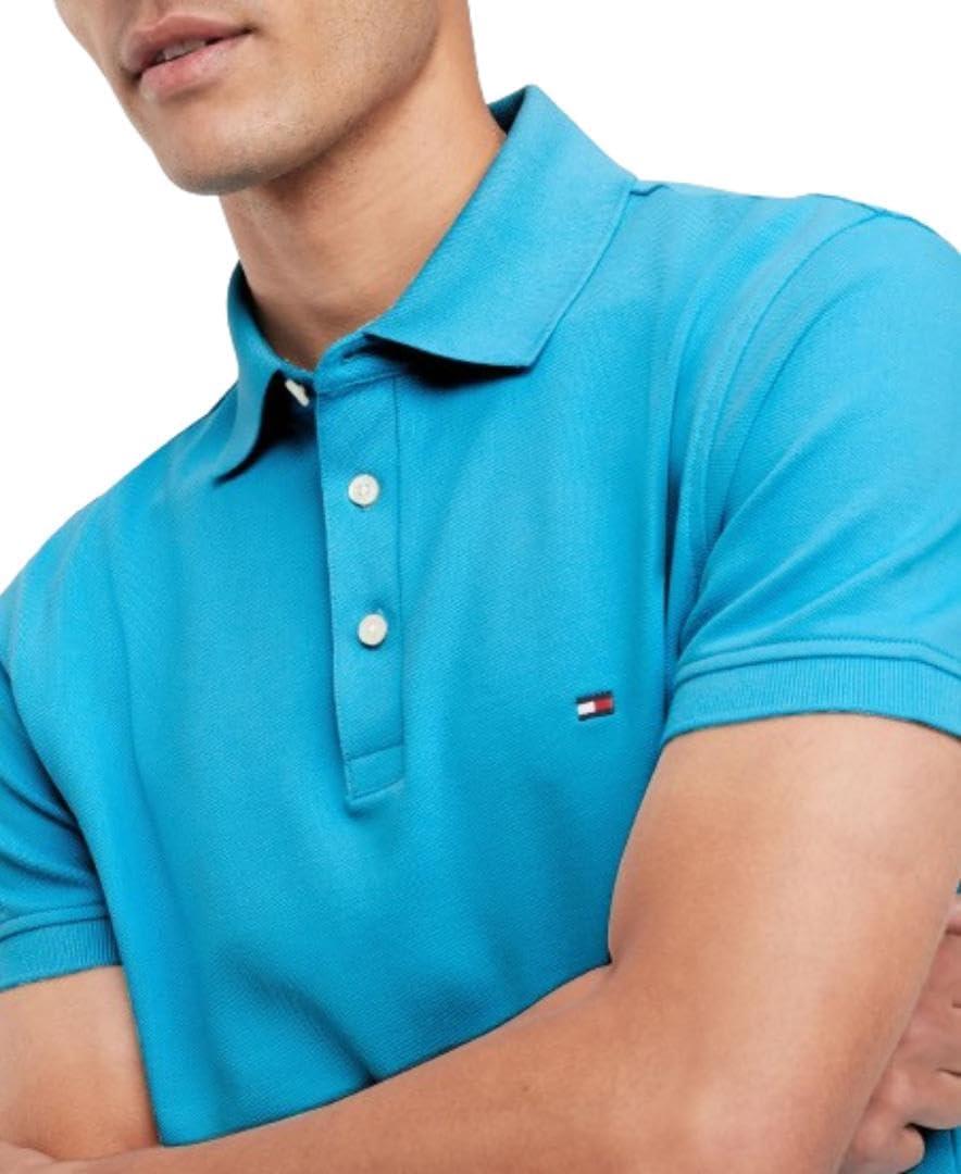 imageTommy Hilfiger Mens Short Sleeve Polo Shirts in Slim Fit with Stretch and Organic Pique CottonSurf Blue
