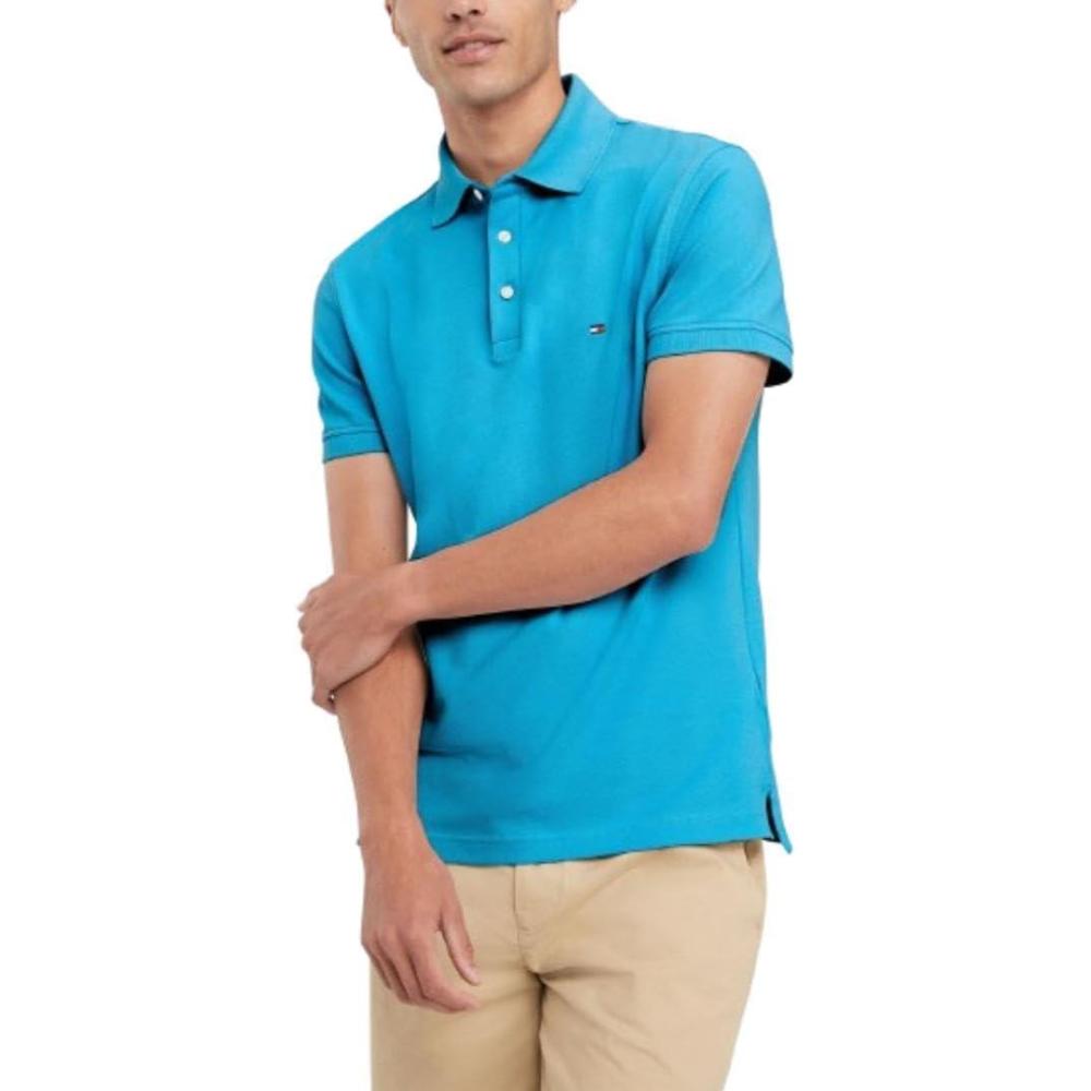imageTommy Hilfiger Mens Short Sleeve Polo Shirts in Slim Fit with Stretch and Organic Pique CottonSurf Blue
