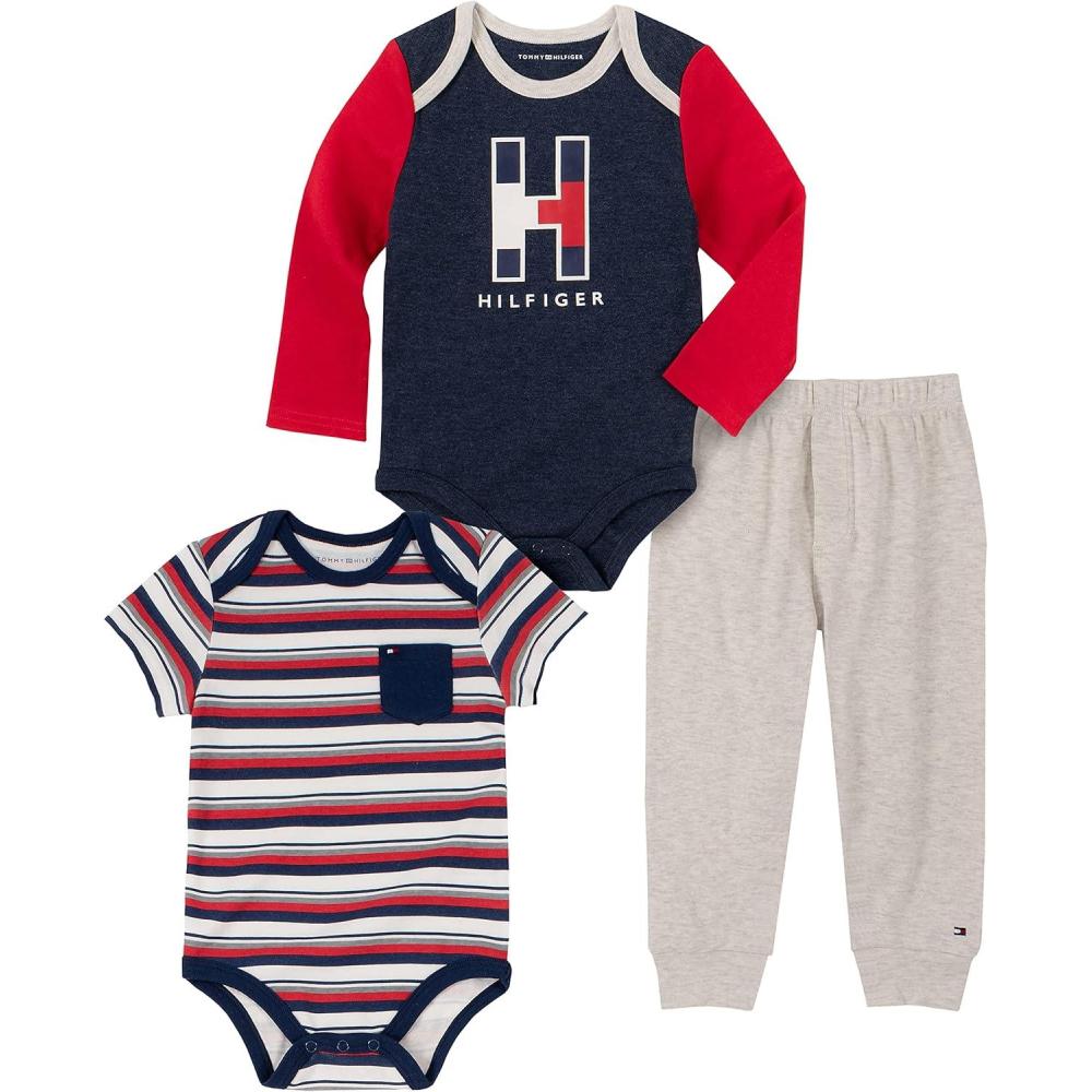 imageTommy Hilfiger Baby Boys 3 Pieces Bodysuit Pants SetMedieval BlueTango RedOatmeal Heather